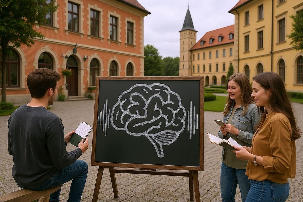PsyLearn Logo auf einer Tafel. Daneben steht eine Lerngruppe bestehend aus drei Studierenden.