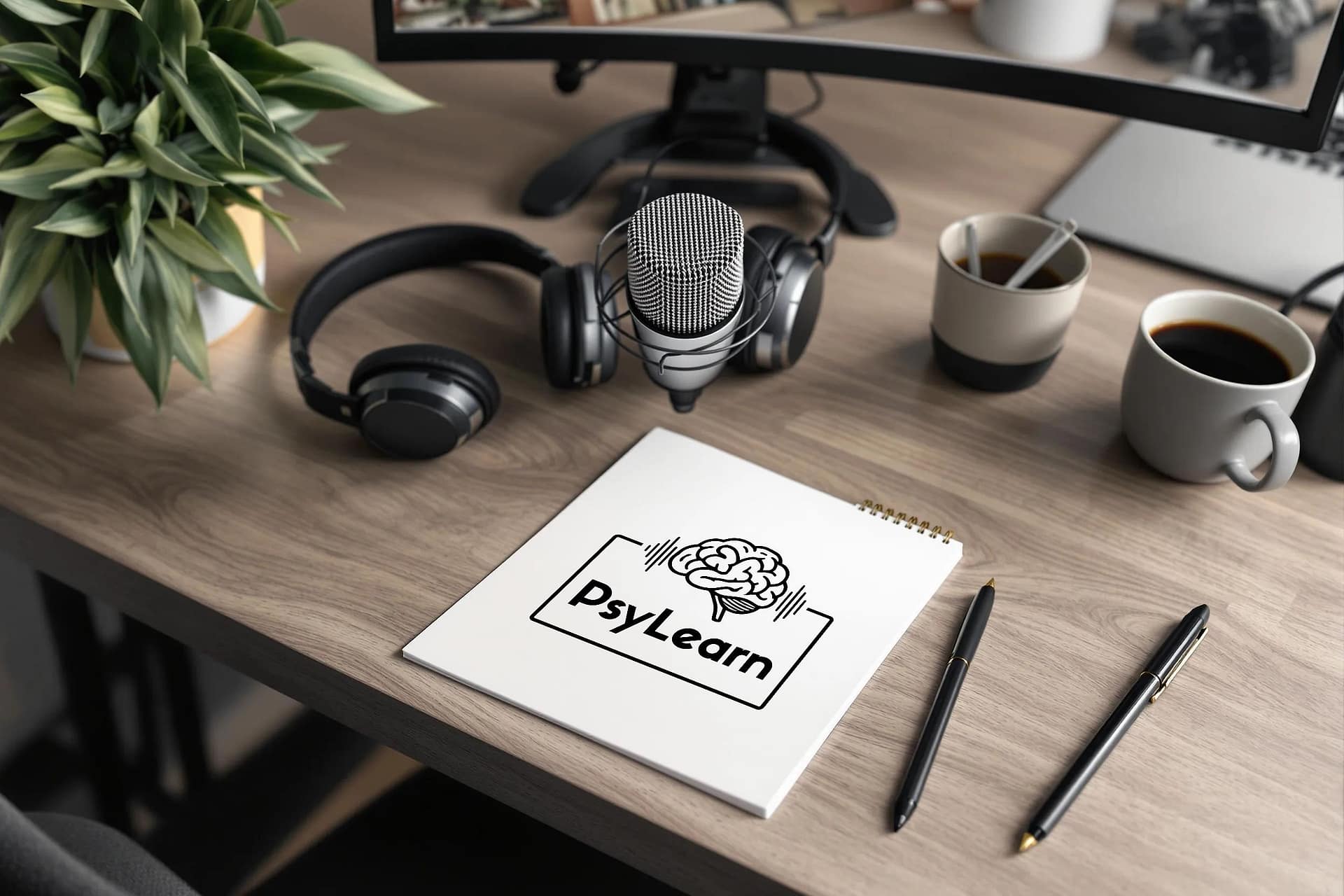 PsyLearn Logo in Schwarz-Weiß auf einem Schreibblock auf dem Schreibtisch. Daneben Kopfhörer, Mikrofon und Bildschirm. PsyLearn Logo in Schwarz-Weiß auf einem Schreibblock auf dem Schreibtisch. Daneben Kopfhörer, Mikrofon und Bildschirm.