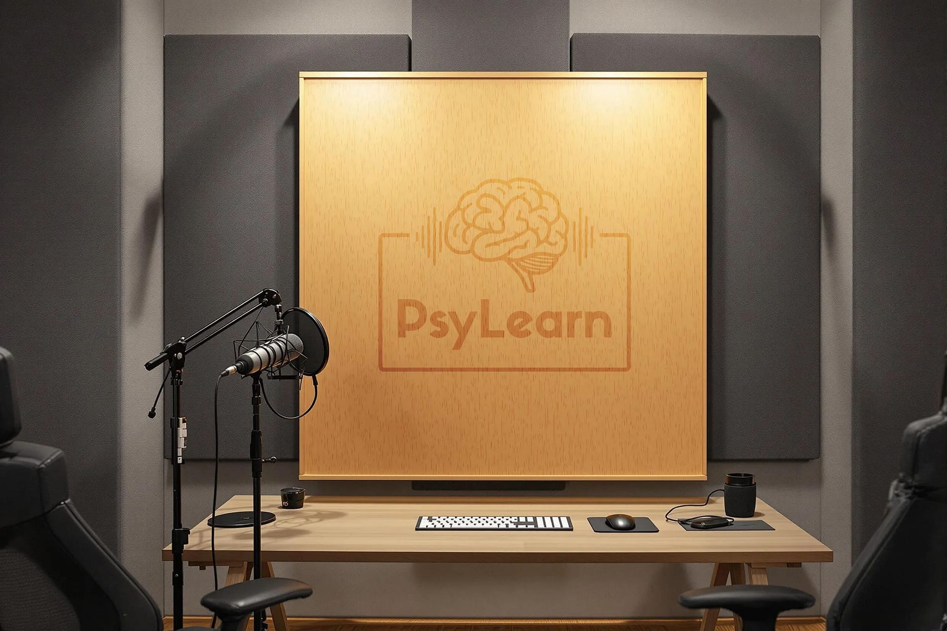 PsyLearn Logo auf einer Korkwand hinter dem Schreibtisch und dem Mikrofon PsyLearn Logo auf einer Korkwand hinter dem Schreibtisch und dem Mikrofon